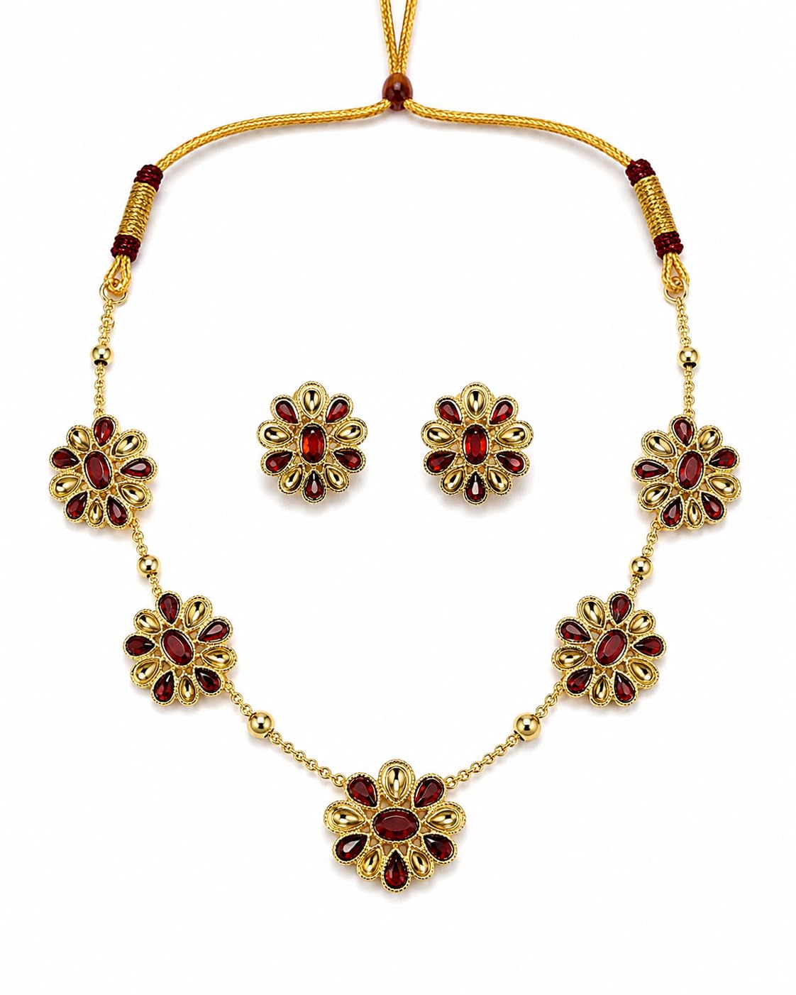 Aishri Ruby Floral Gold Necklace Set