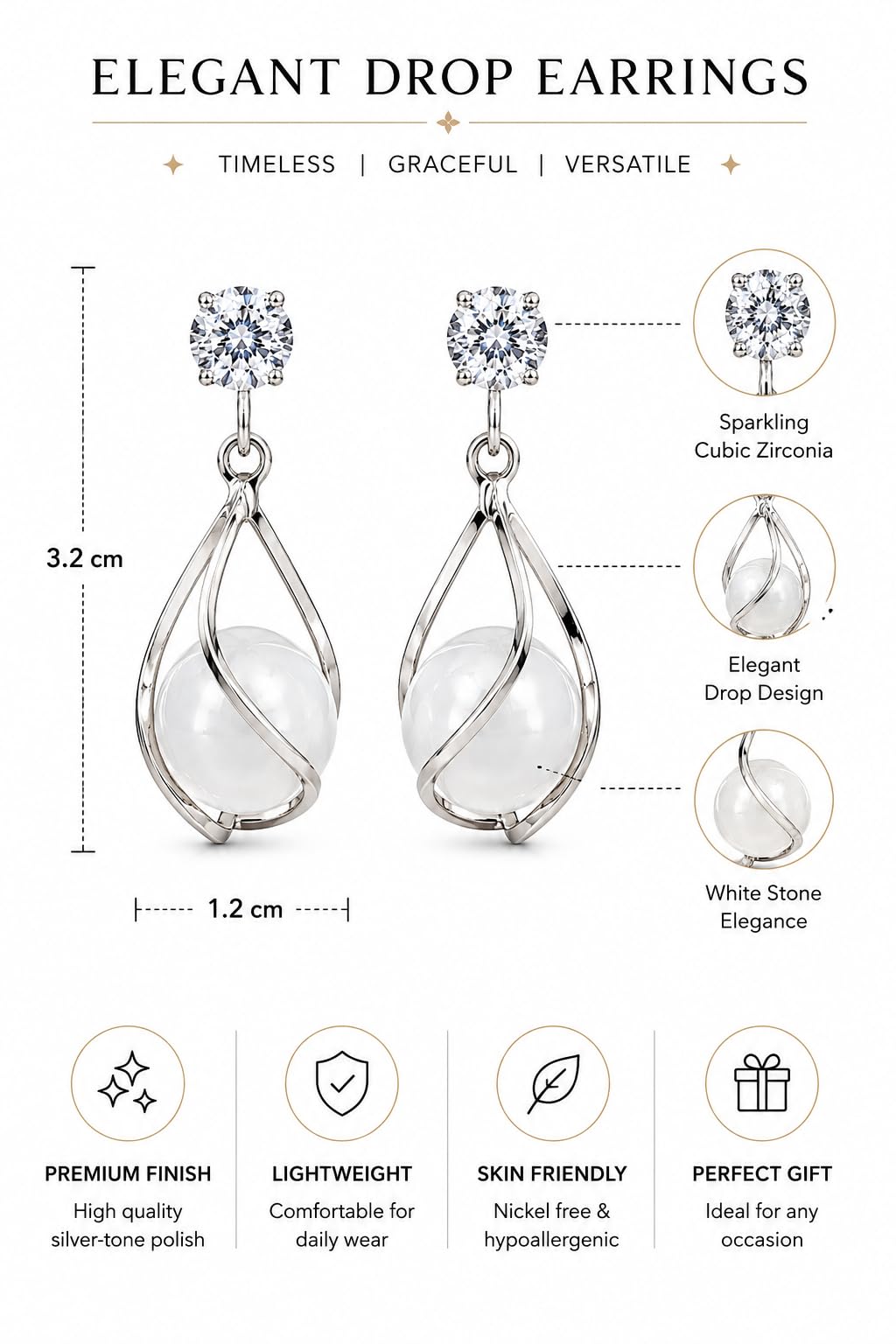 Aishri Silver Tone Pearl Drop Earrings