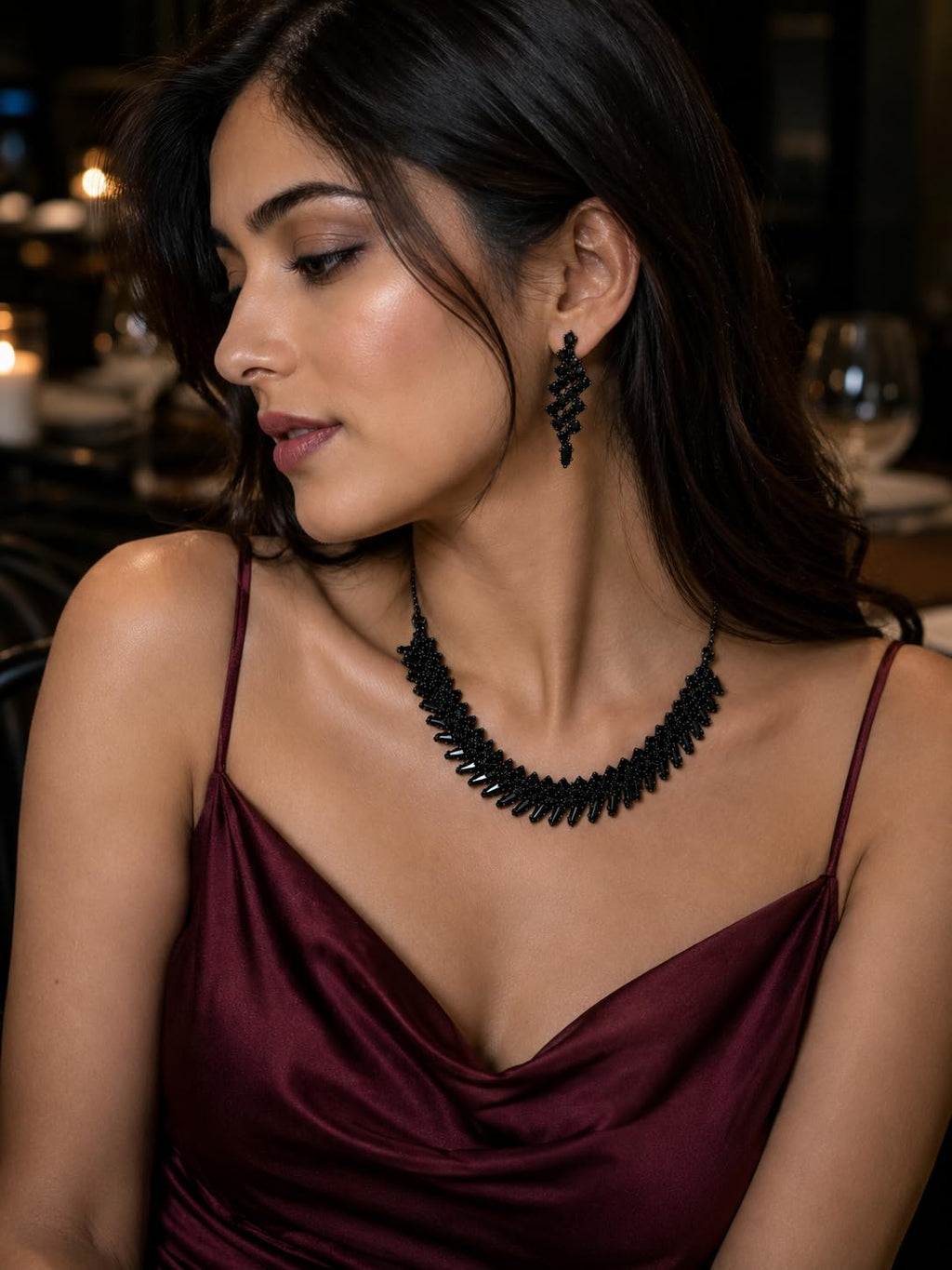 Aishri Black Crystal Necklace Set