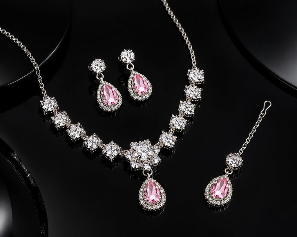 Aishri Pink Crystal Necklace Set with Matching Earrings and Maang Tikka