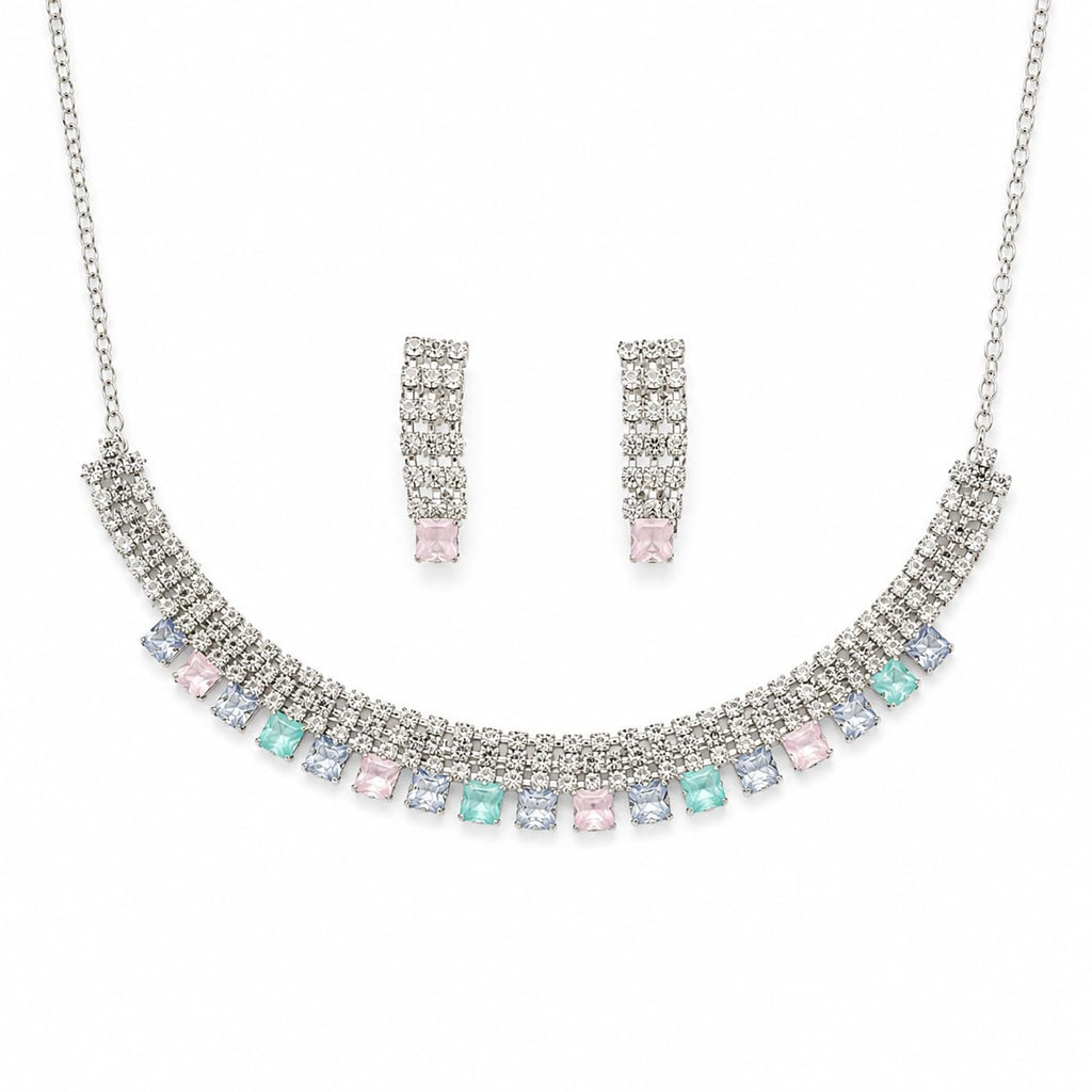 Aishri Multicolor American Diamond Necklace Set with Matching Earrings