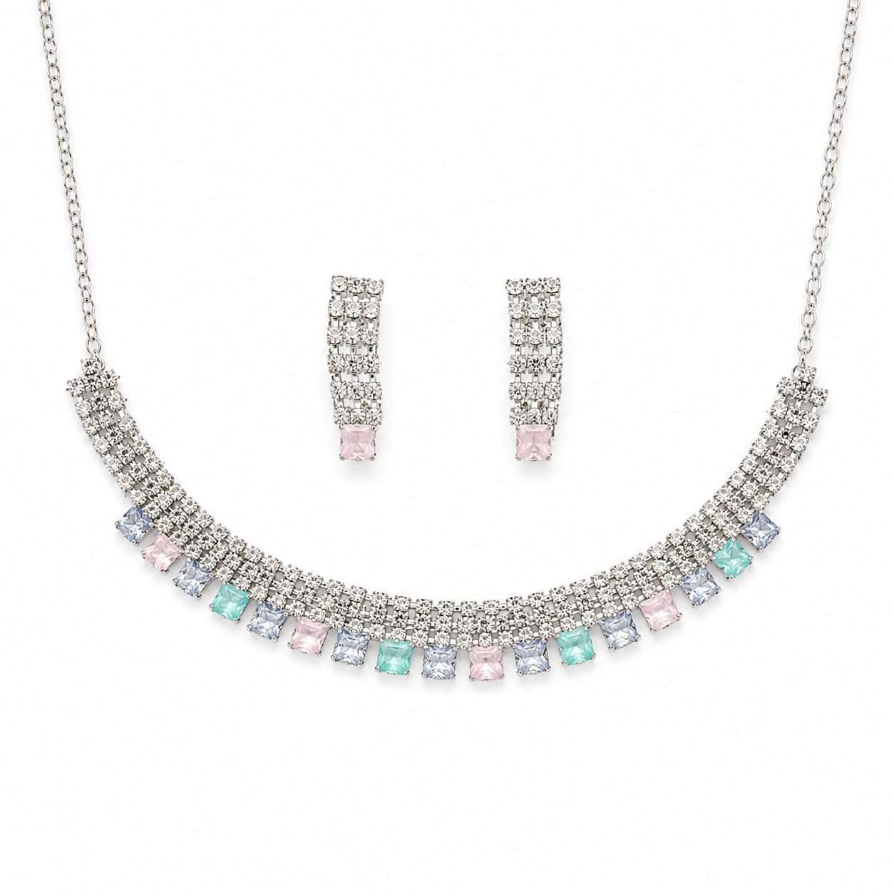 Aishri Multicolor American Diamond Necklace Set with Matching Earrings