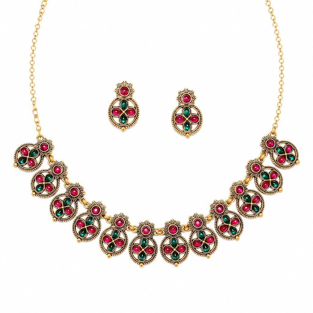 Aishri Traditional Red Green Stone Necklace Set with Matching Earrings