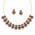 Aishri Traditional Red Green Stone Necklace Set with Matching Earrings
