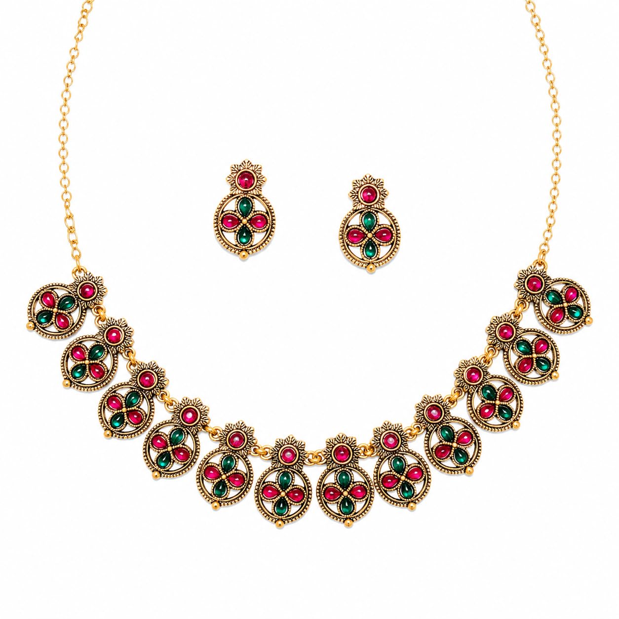 Aishri Traditional Red Green Stone Necklace Set with Matching Earrings
