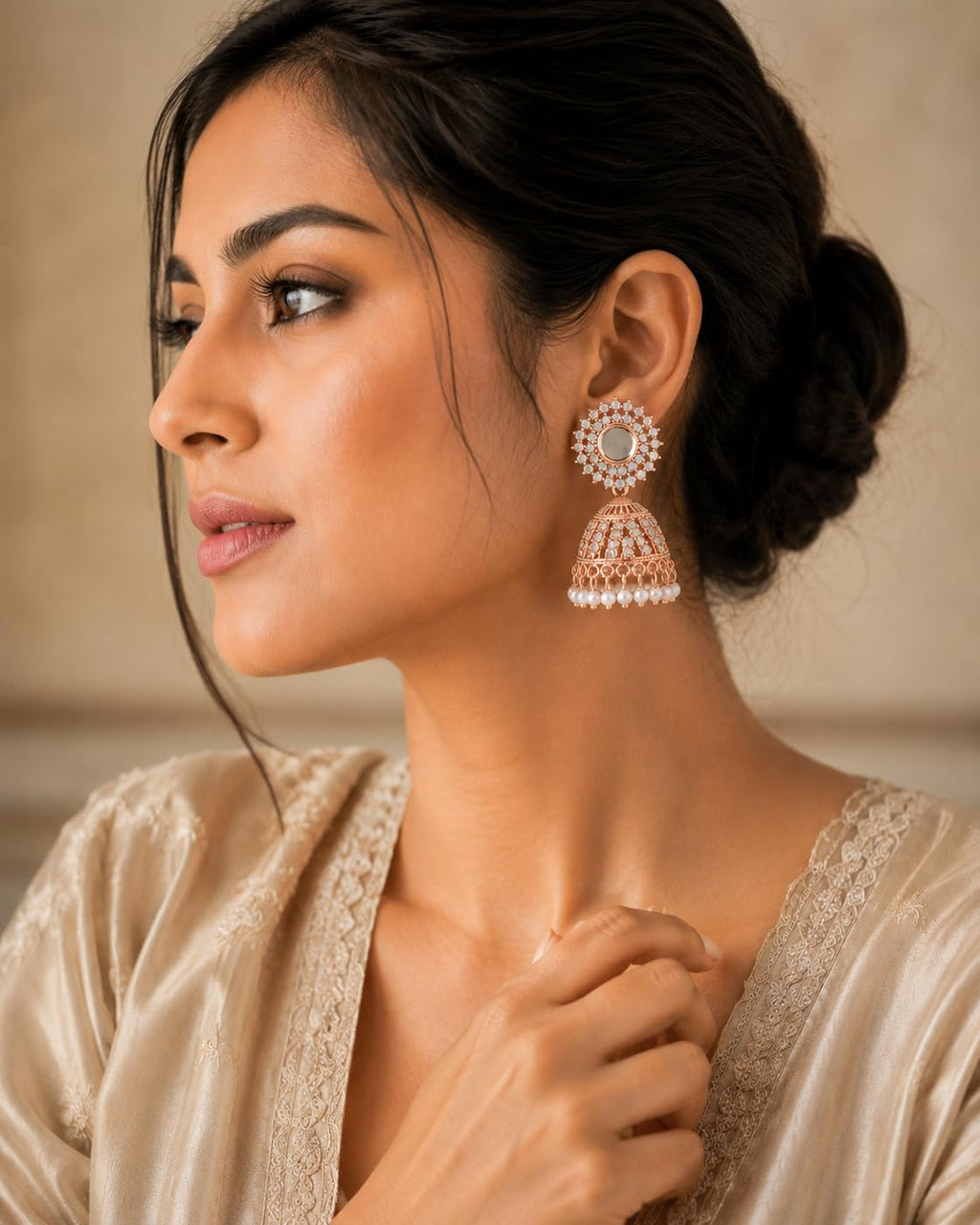 Aishri Rose Gold Mirror Work Jhumka Earrings