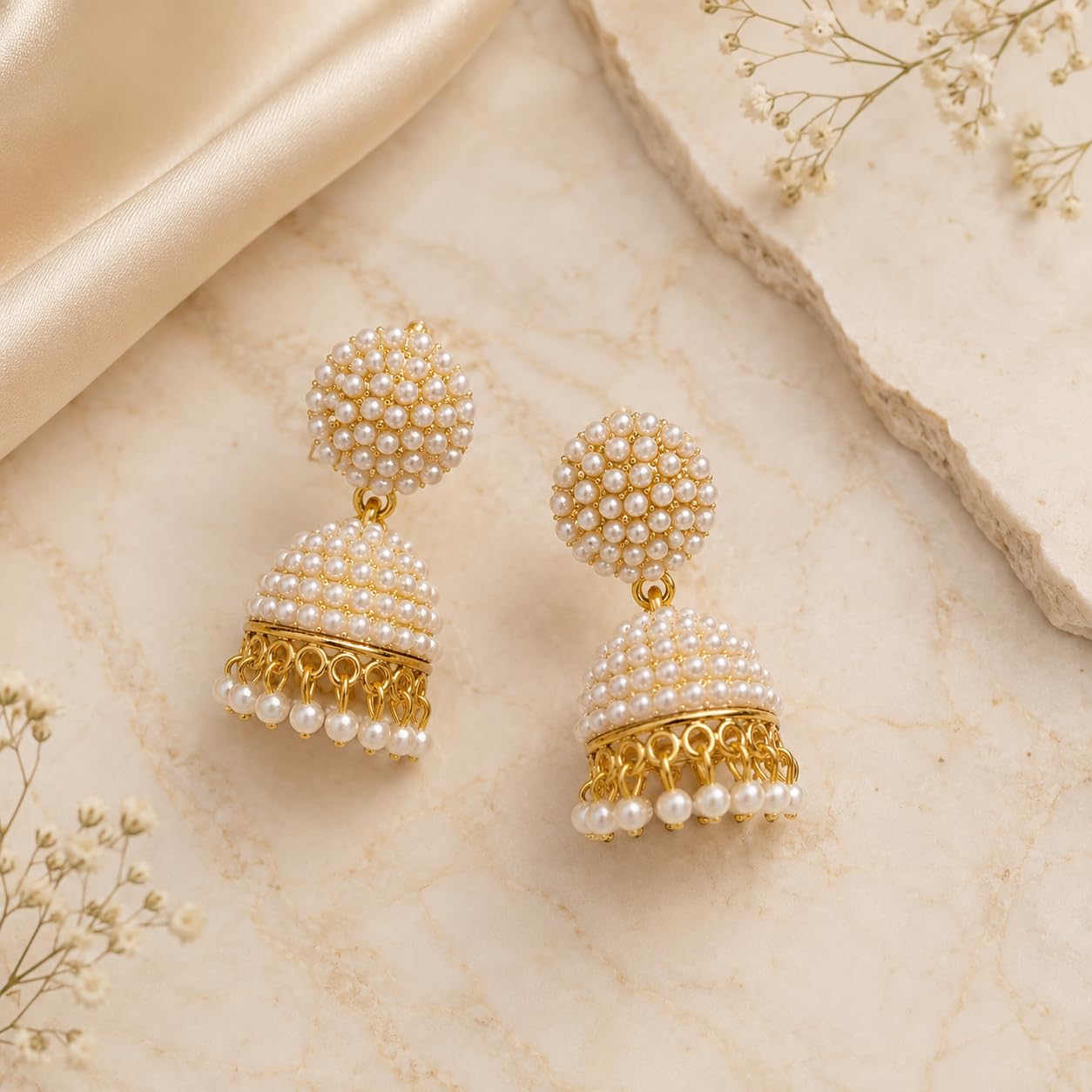 Aishri Gold Plated Pearl Studded Jhumka Earrings