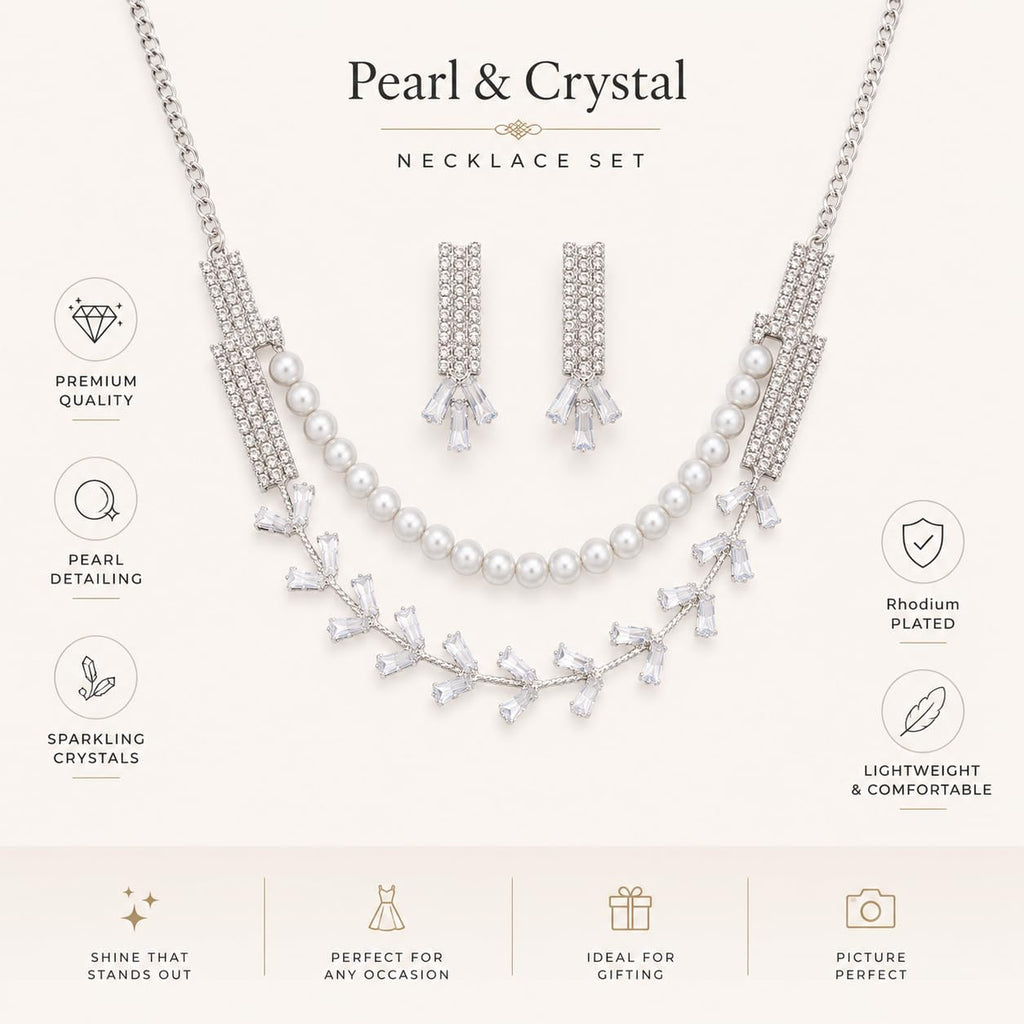 Aishri Silver Pearl Crystal Necklace Set