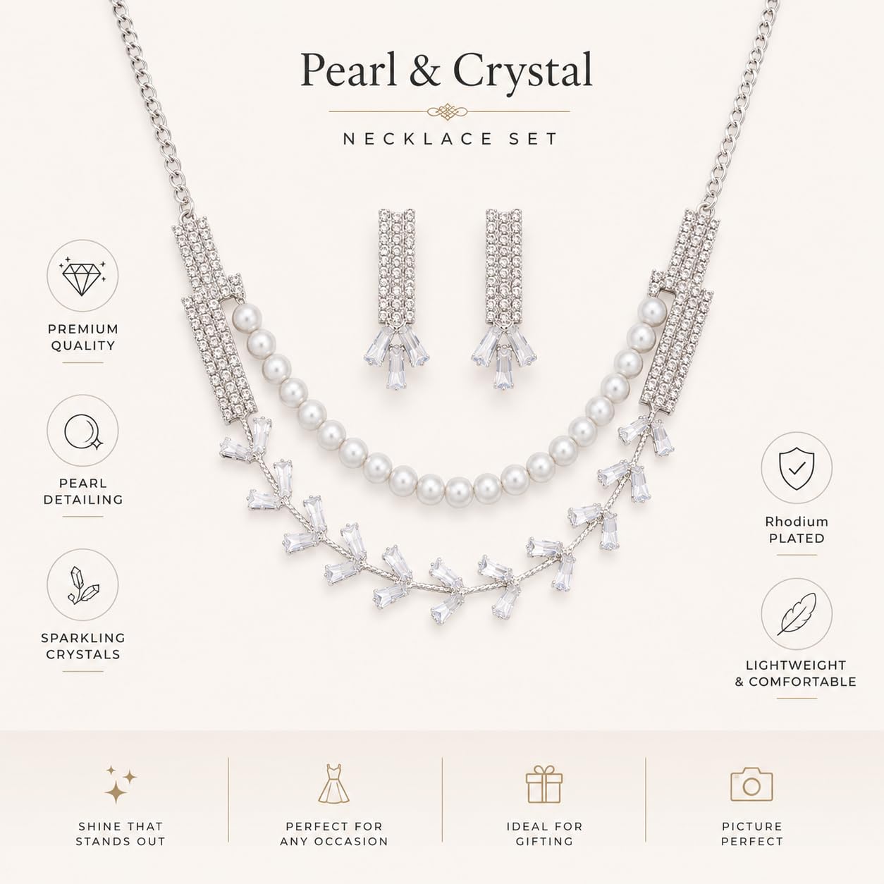Aishri Silver Pearl Crystal Necklace Set