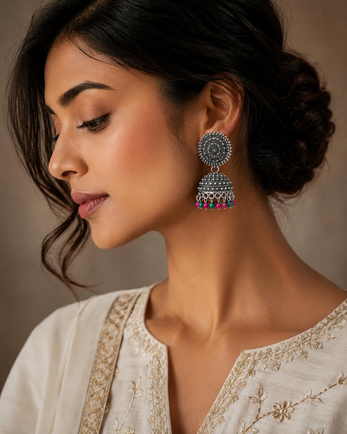 Aishri Oxidized Silver Beaded Jhumka Earrings