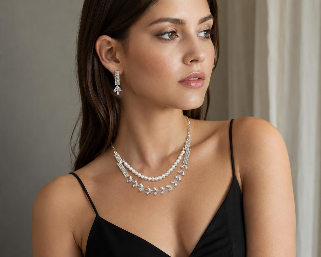 Aishri Silver Pearl Crystal Necklace Set