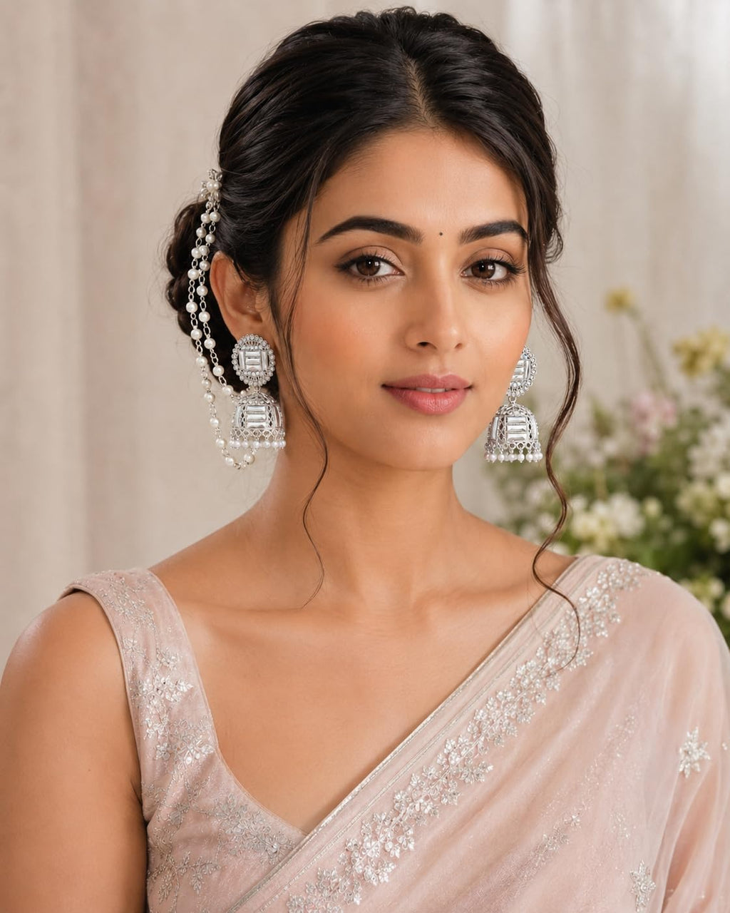 Aishri Silver Tone Jhumka Earrings with Pearl Sahara Chain Bridal Jewellery