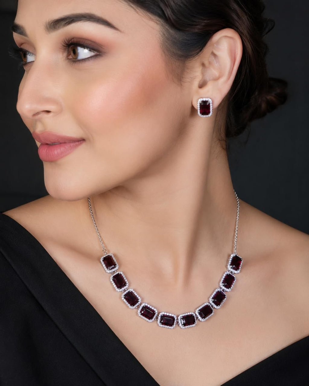 Aishri Burgundy Crystal Necklace Set