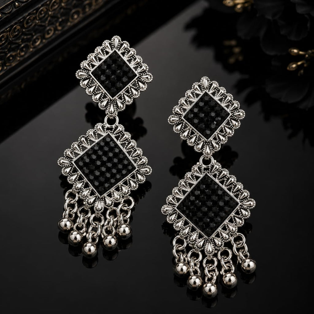 Aishri Silver Tone Black Stone Dangle Earrings