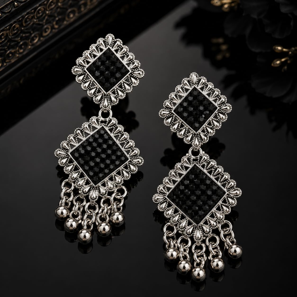 Aishri Silver Tone Black Stone Dangle Earrings