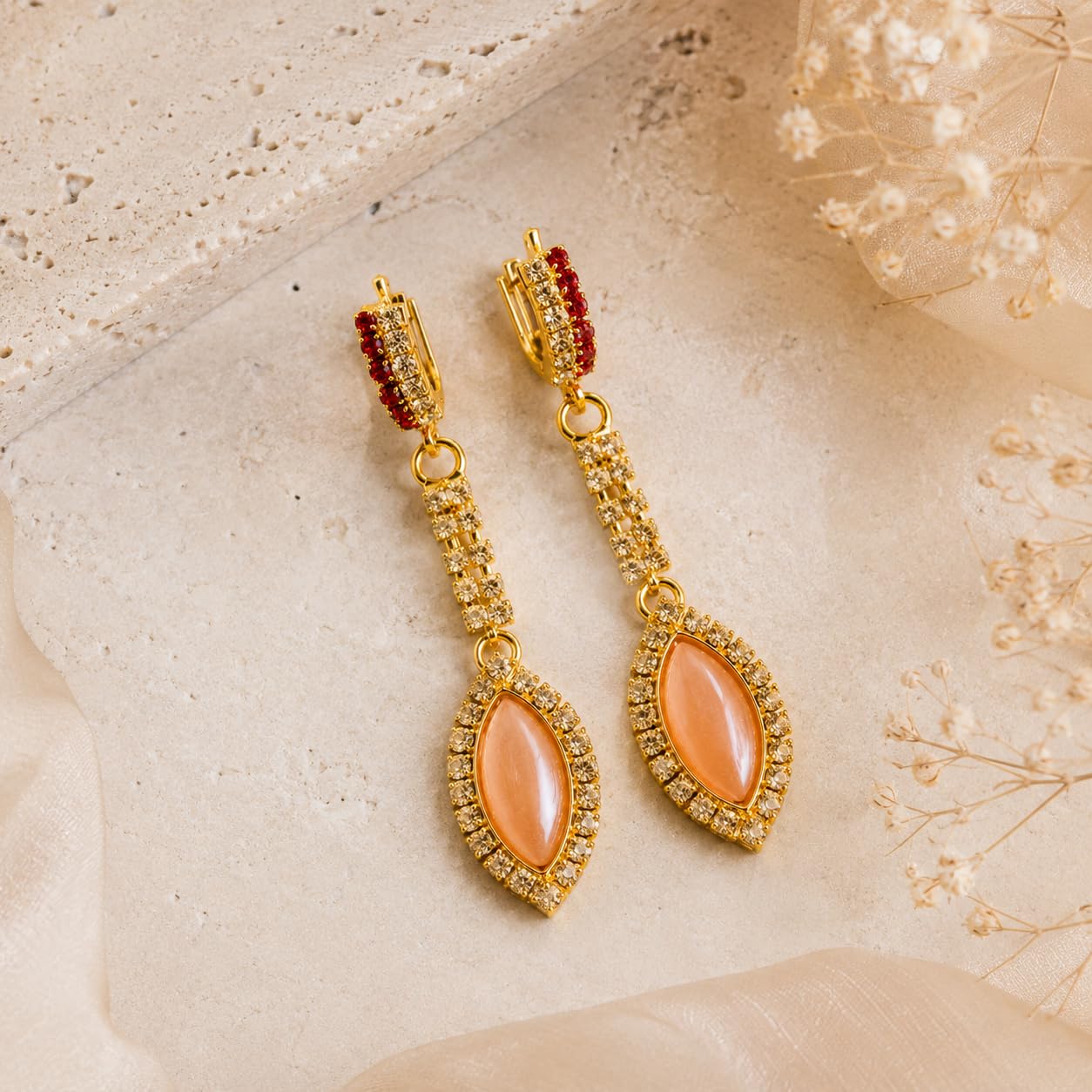 Aishri Gold Tone Marquise Stone Dangle Earrings
