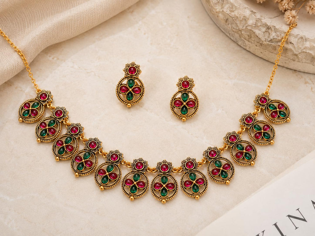 Aishri Traditional Red Green Stone Necklace Set with Matching Earrings
