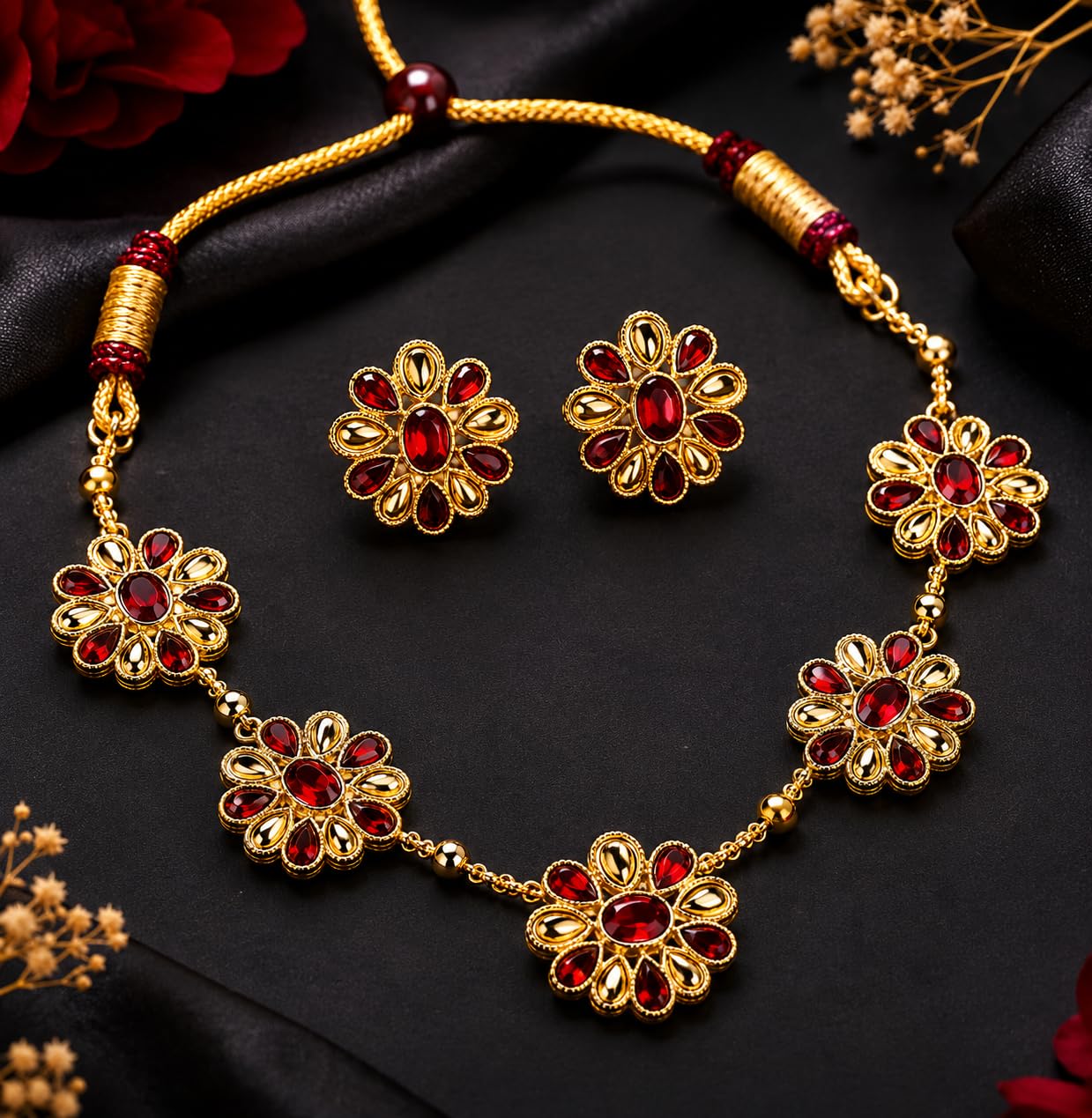 Aishri Ruby Floral Gold Necklace Set