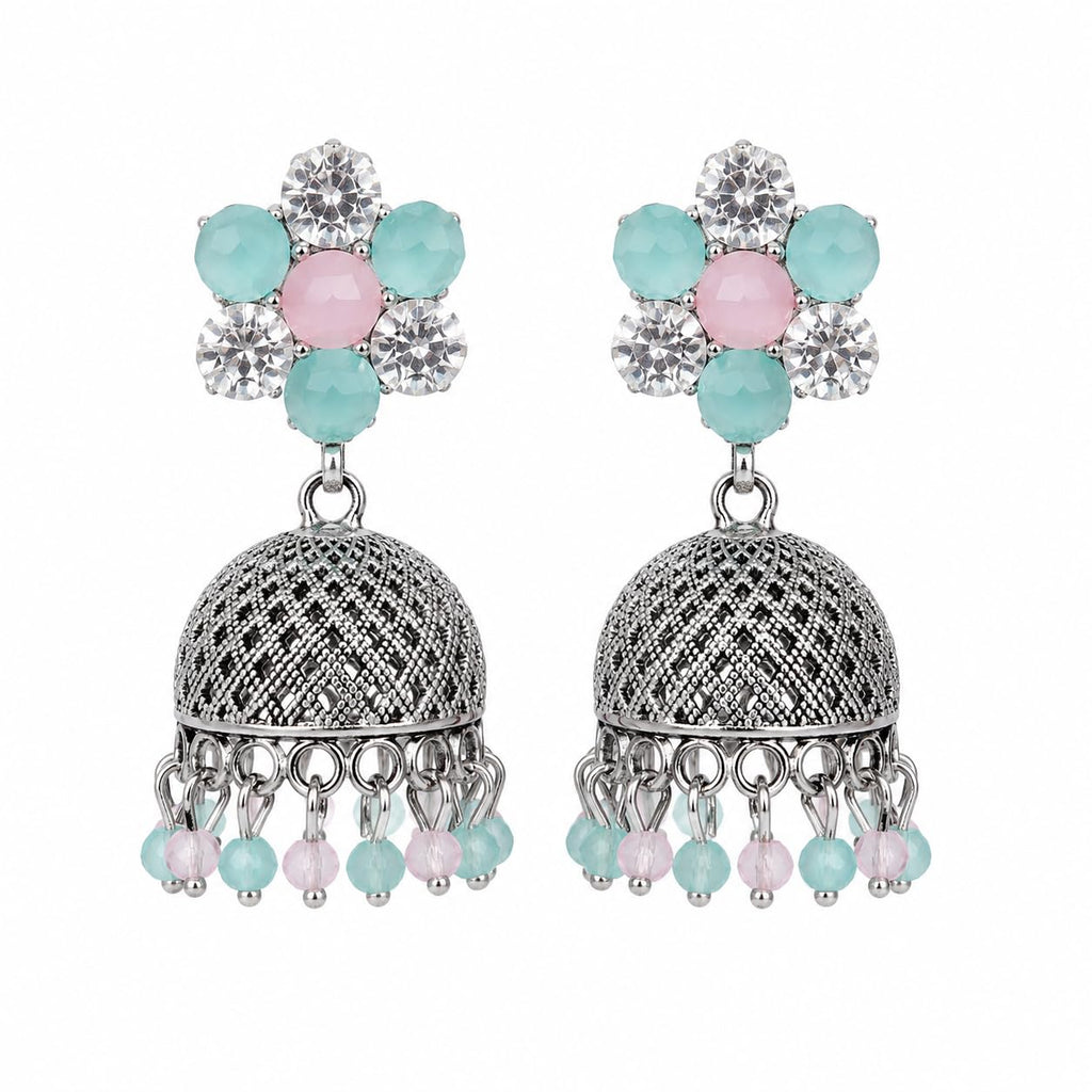 Aishri Oxidized Floral Stone Jhumka Earrings
