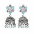 Aishri Oxidized Floral Stone Jhumka Earrings