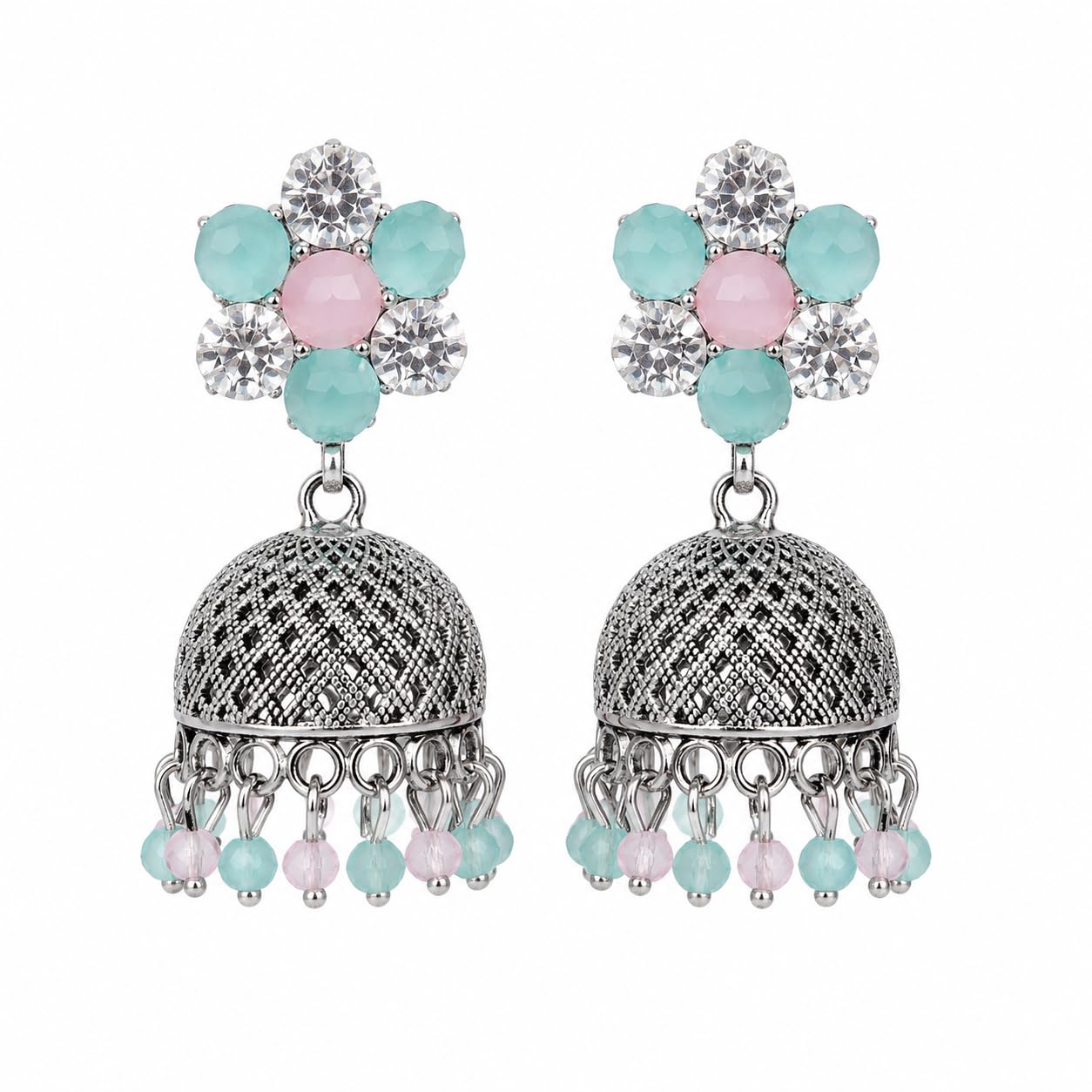 Aishri Oxidized Floral Stone Jhumka Earrings