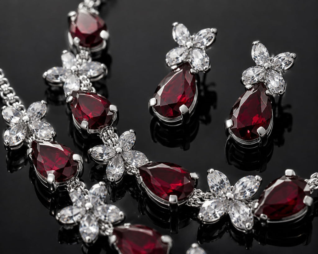Aishri Ruby Crystal Silver Necklace Set