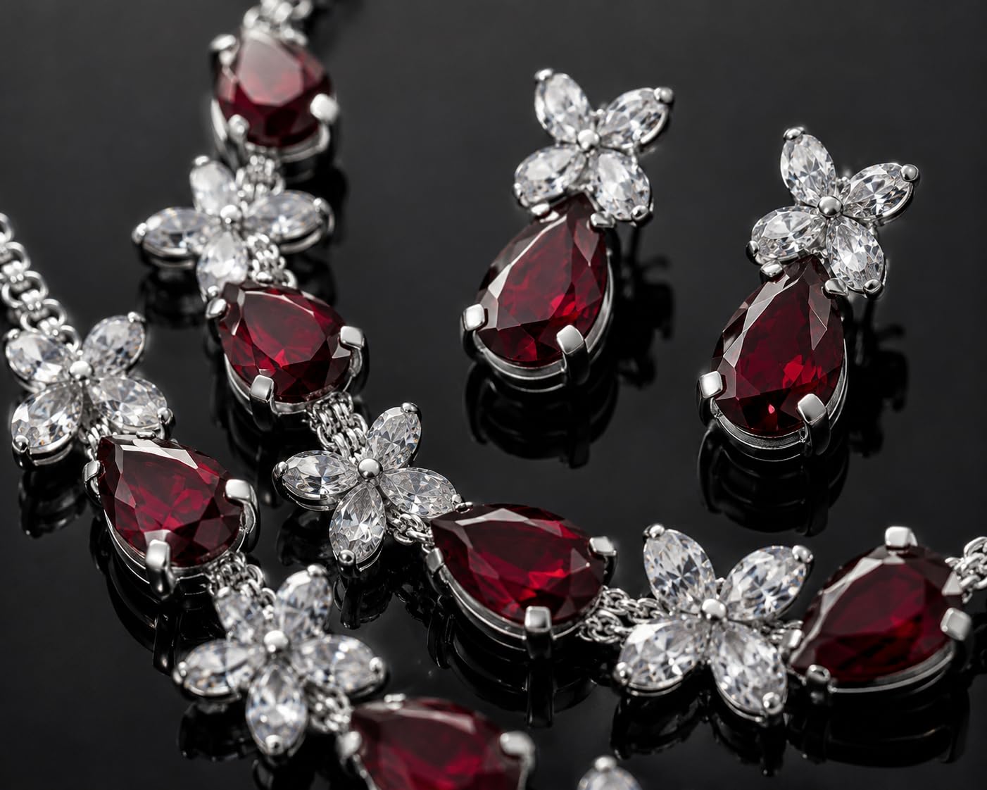 Aishri Ruby Crystal Silver Necklace Set