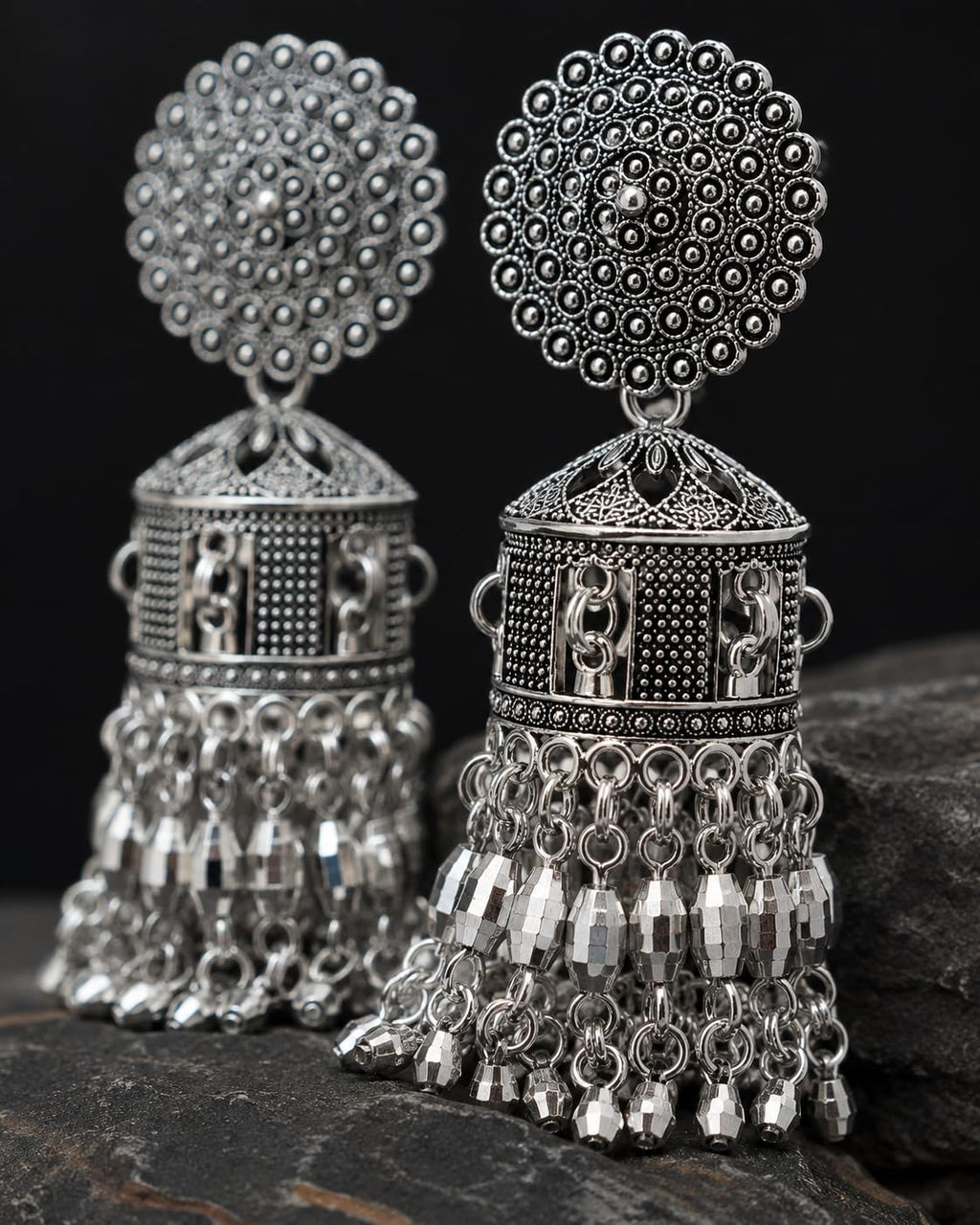 Aishri Oxidized Silver Long Tassel Ghungroo Jhumka Earrings