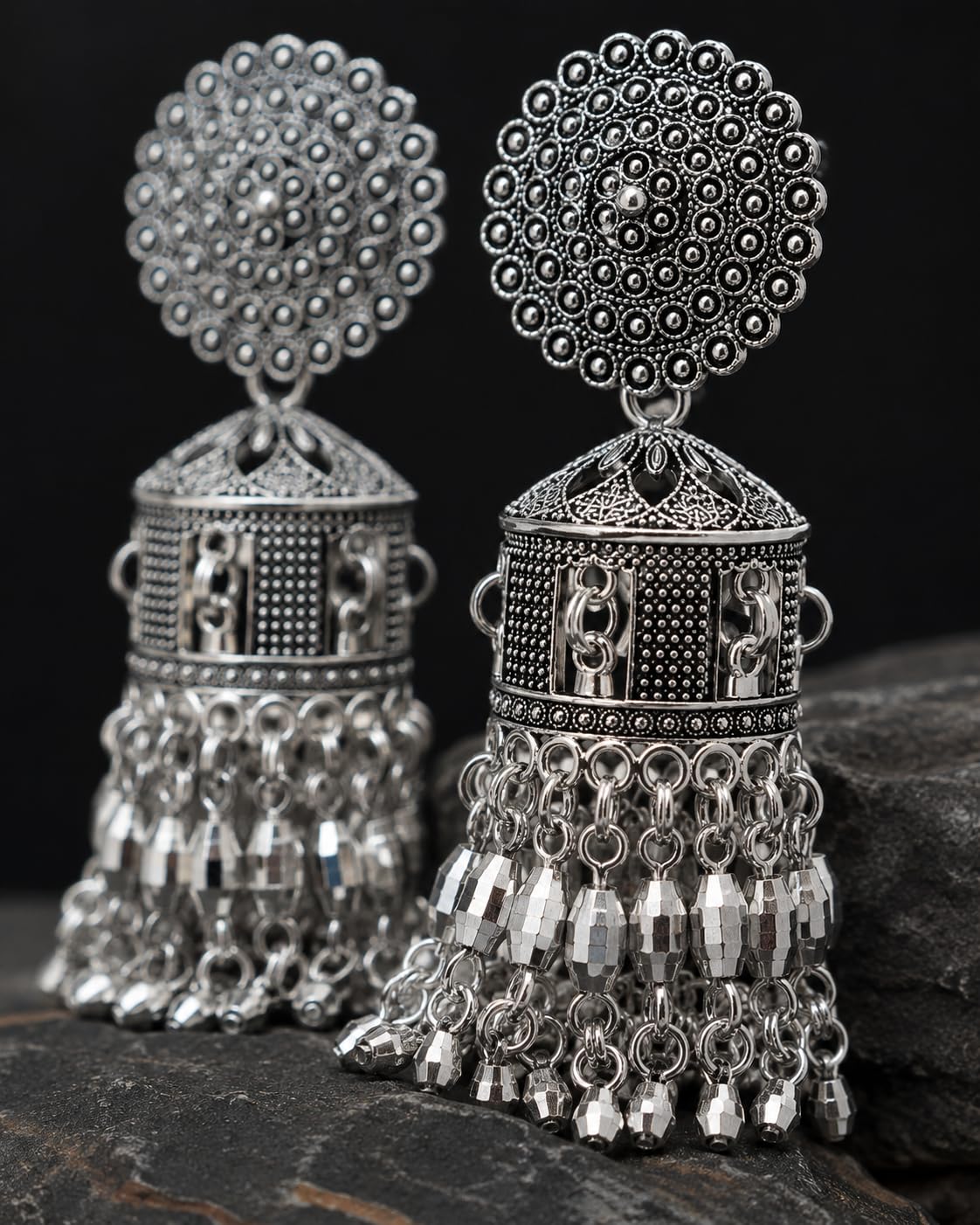 Aishri Oxidized Silver Long Tassel Ghungroo Jhumka Earrings