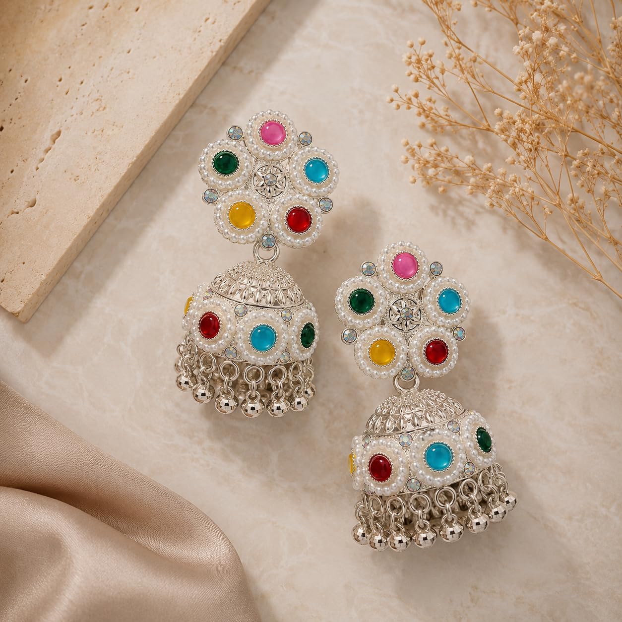 Aishri Multicolor Pearl Jhumka Earrings
