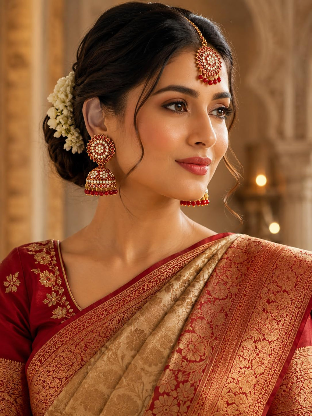 Aishri Red Stone Jhumka Earrings with Maang Tikka Set