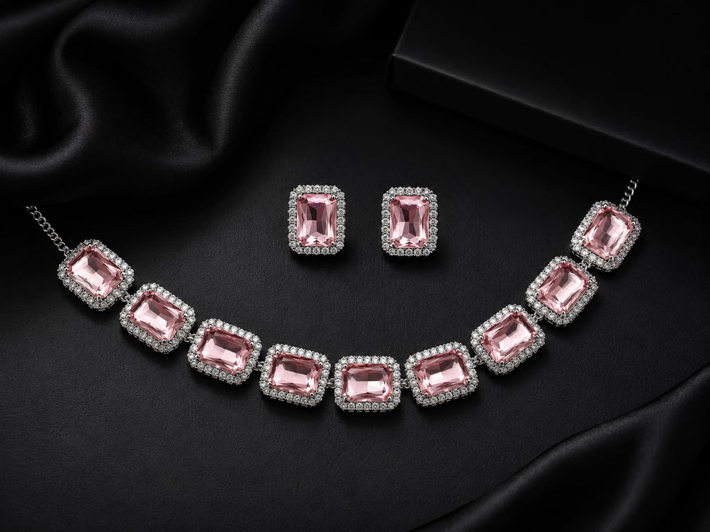 Aishri Pink Crystal Silver Necklace Set