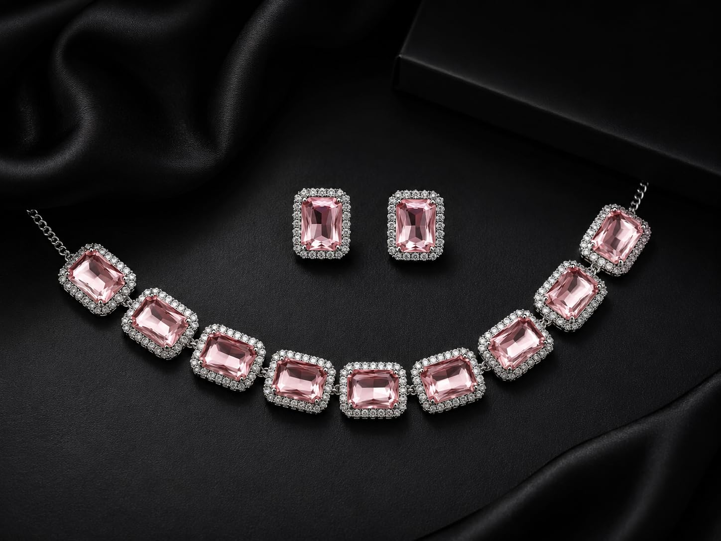 Aishri Pink Crystal Silver Necklace Set