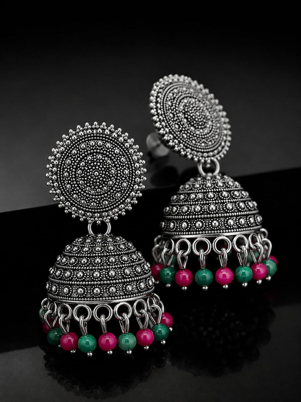 Aishri Oxidized Silver Beaded Jhumka Earrings