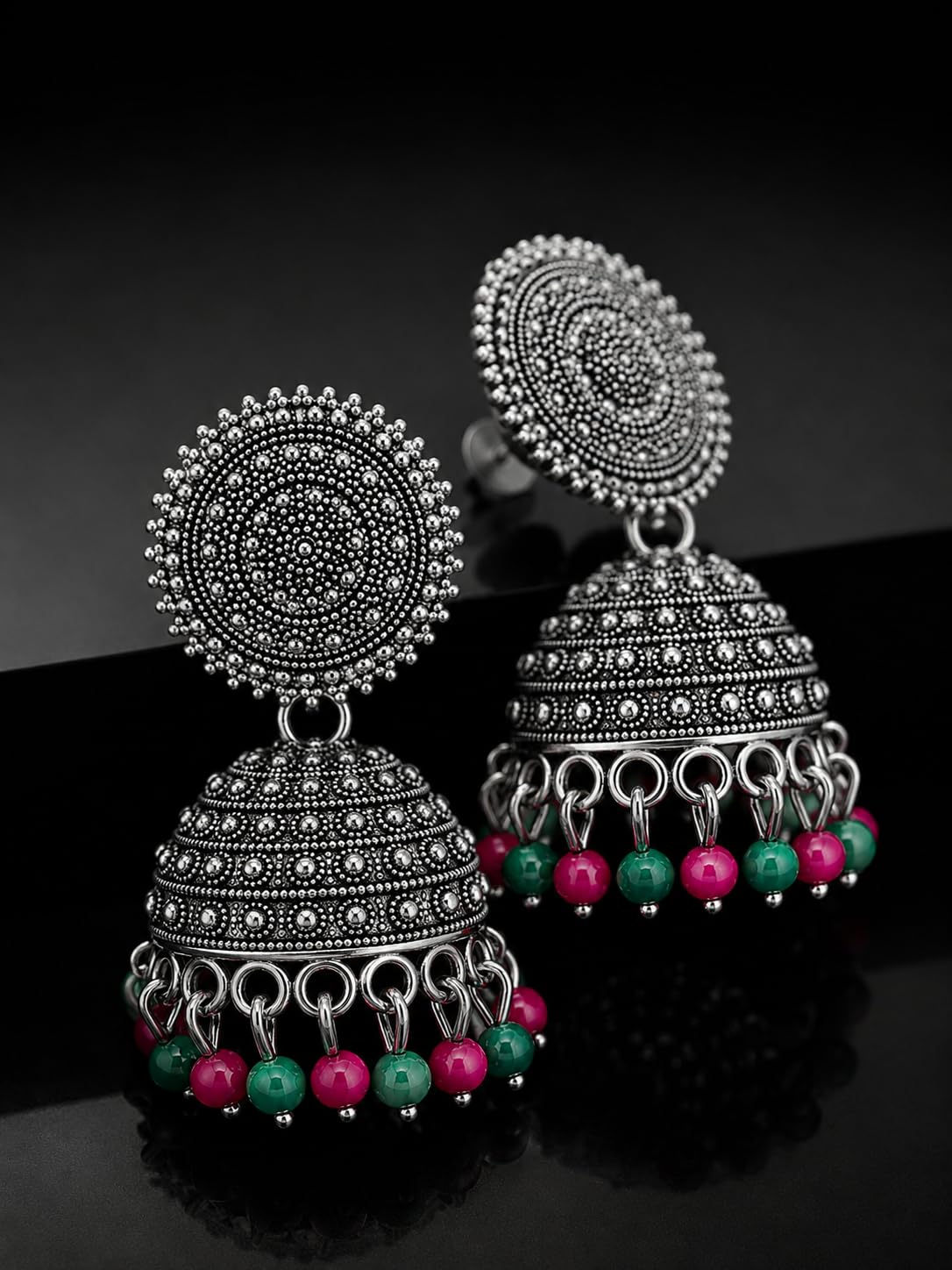 Aishri Oxidized Silver Beaded Jhumka Earrings