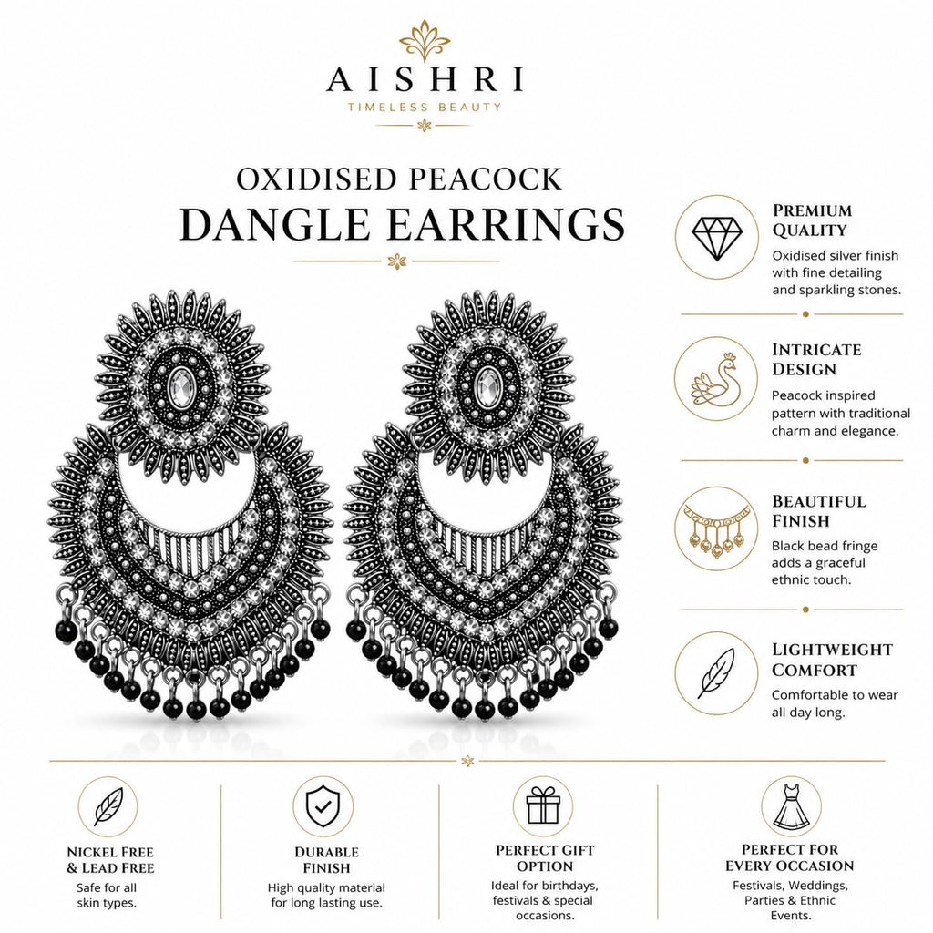 Aishri Oxidised Silver Tone Chandbali Dangle Earrings