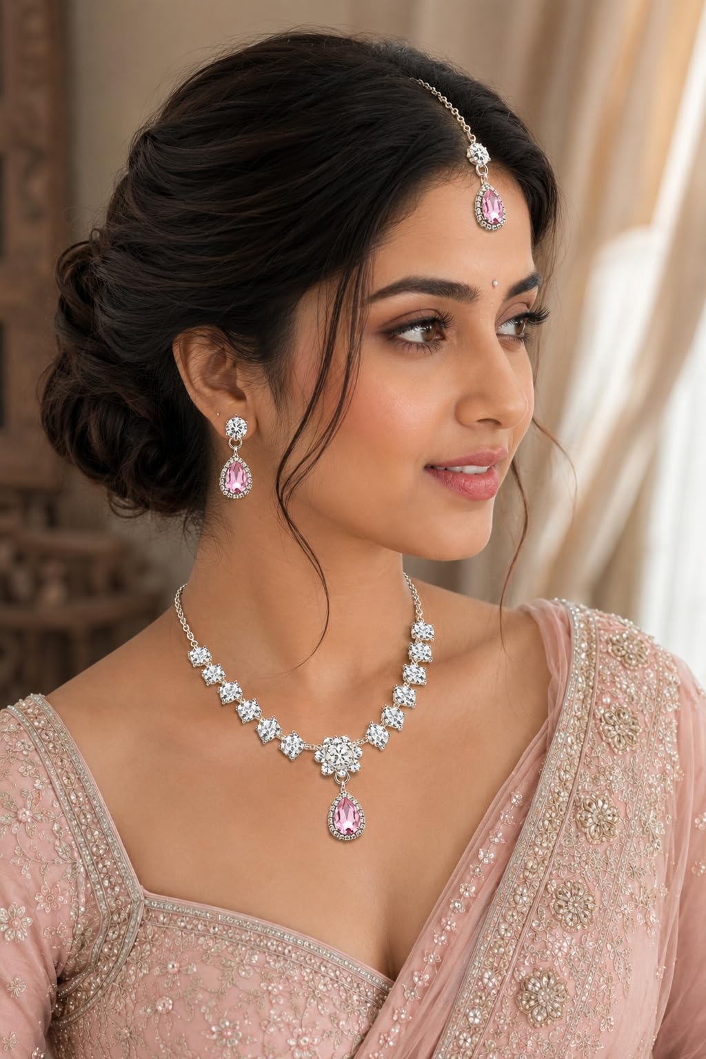 Aishri Pink Crystal Necklace Set with Matching Earrings and Maang Tikka
