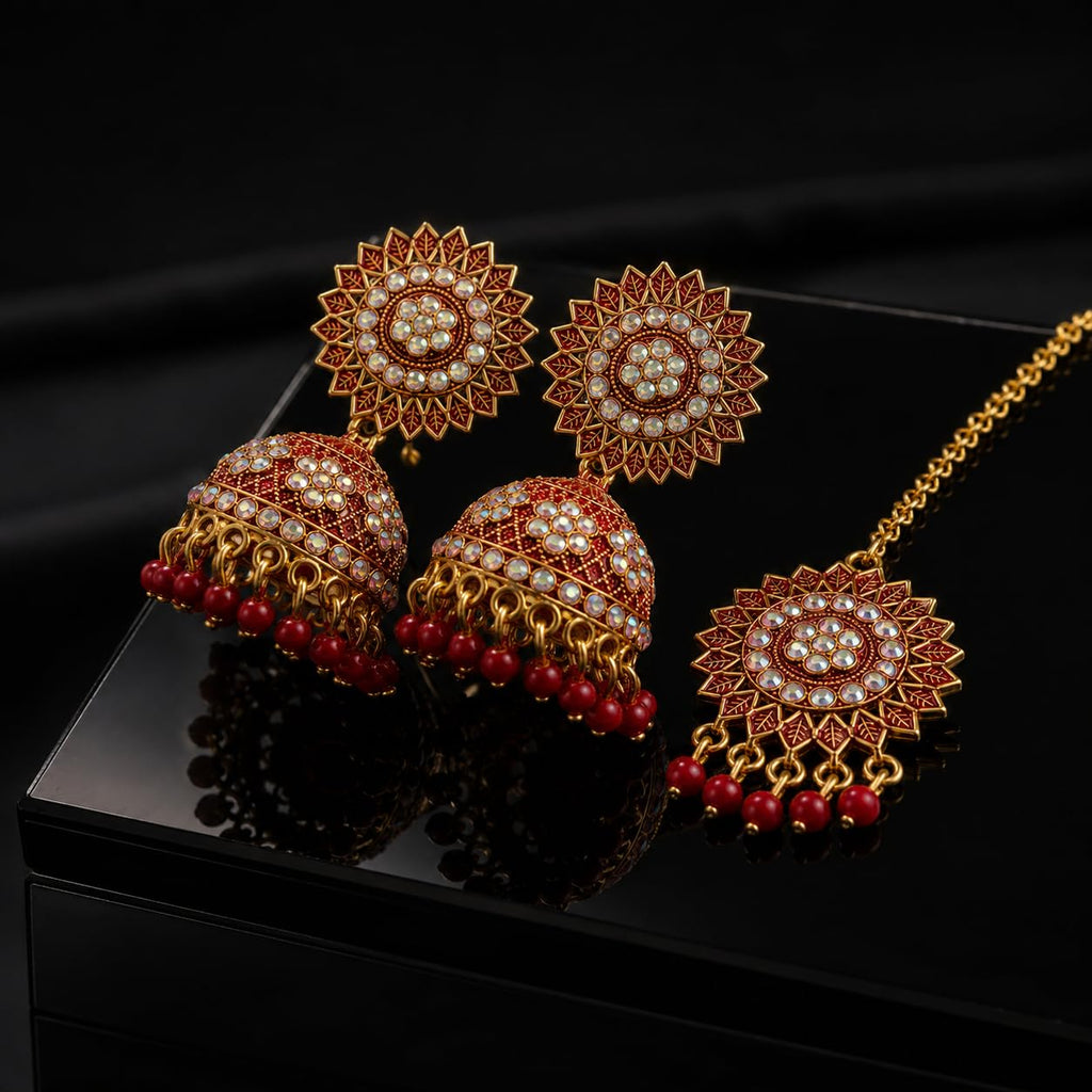 Aishri Red Stone Jhumka Earrings with Maang Tikka Set