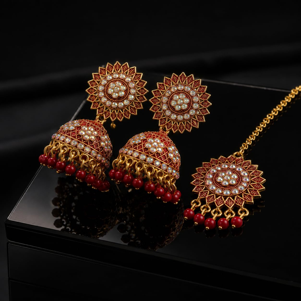 Aishri Red Stone Jhumka Earrings with Maang Tikka Set