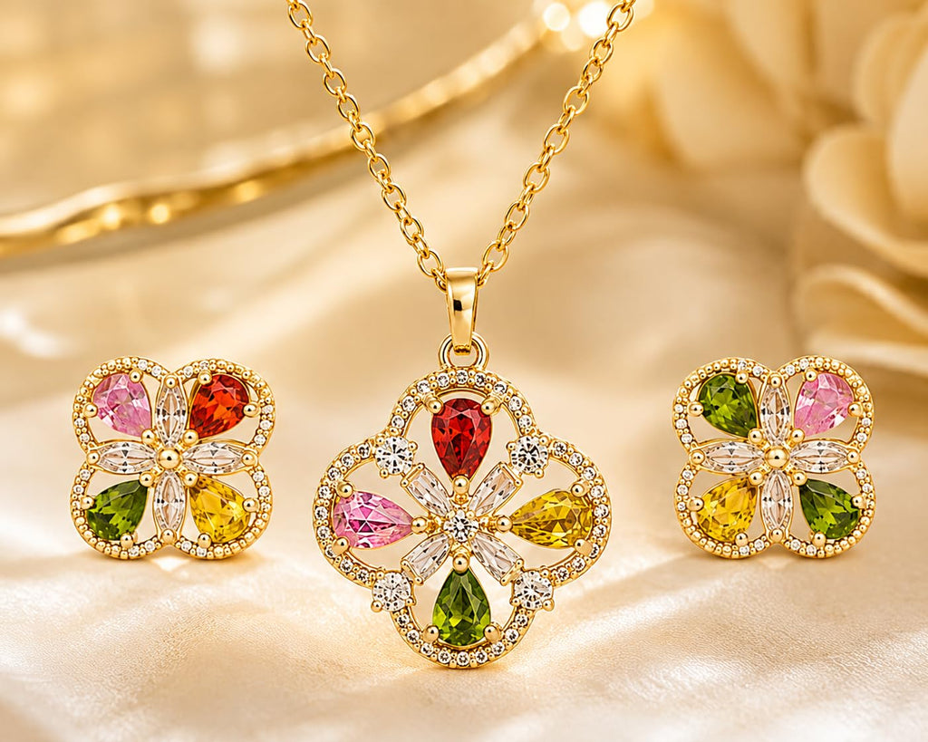 Aishri Multicolor Crystal Flower Pendant Necklace Set with Matching Stud Earrings