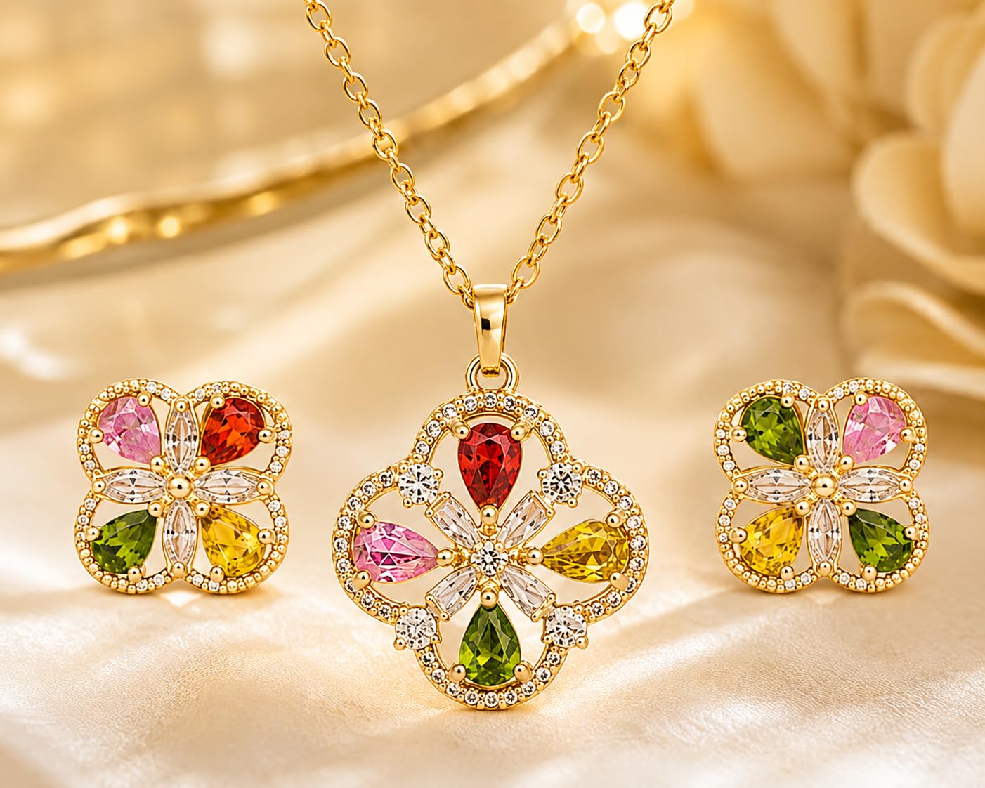 Aishri Multicolor Crystal Flower Pendant Necklace Set with Matching Stud Earrings