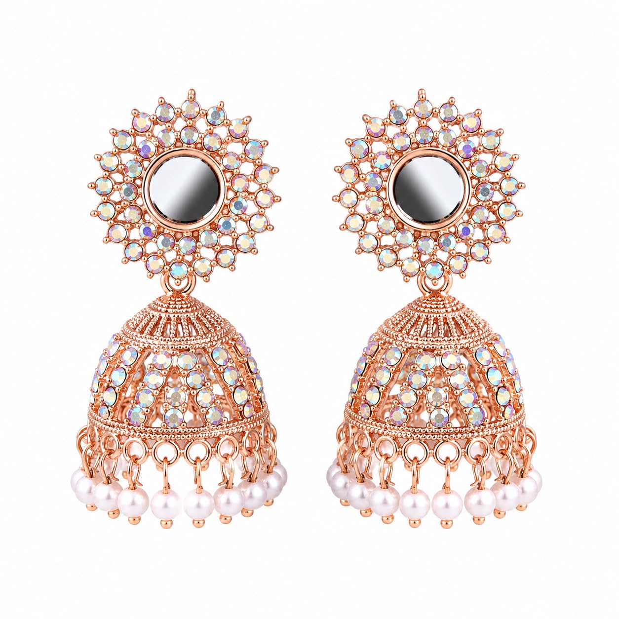 Aishri Rose Gold Mirror Work Jhumka Earrings
