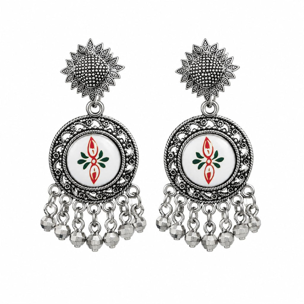 Aishri Oxidized Silver White Enamel Dangle Earrings