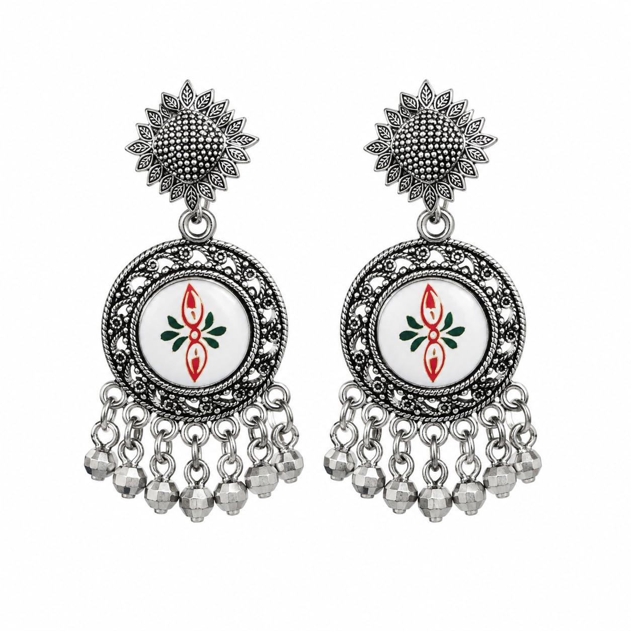Aishri Oxidized Silver White Enamel Dangle Earrings
