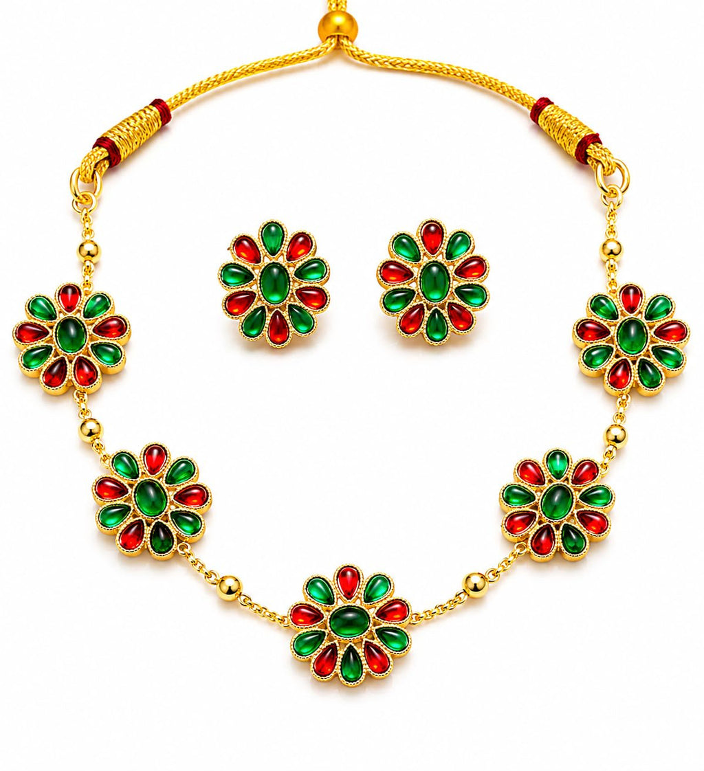 Aishri Red Green Floral Necklace Set