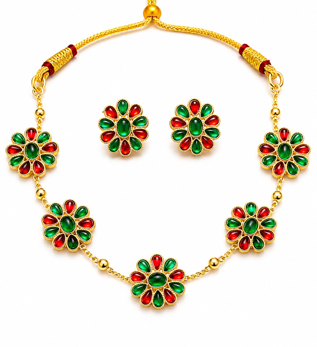 Aishri Red Green Floral Necklace Set
