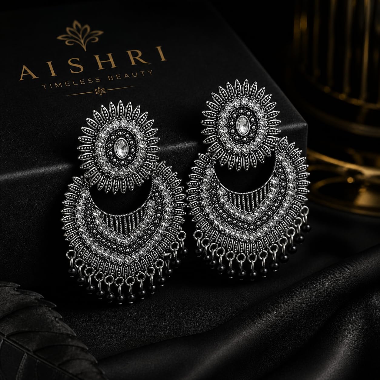 Aishri Oxidised Silver Tone Chandbali Dangle Earrings