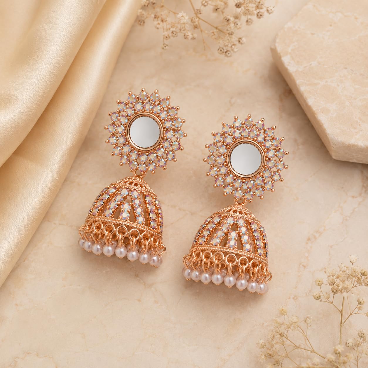 Aishri Rose Gold Mirror Work Jhumka Earrings