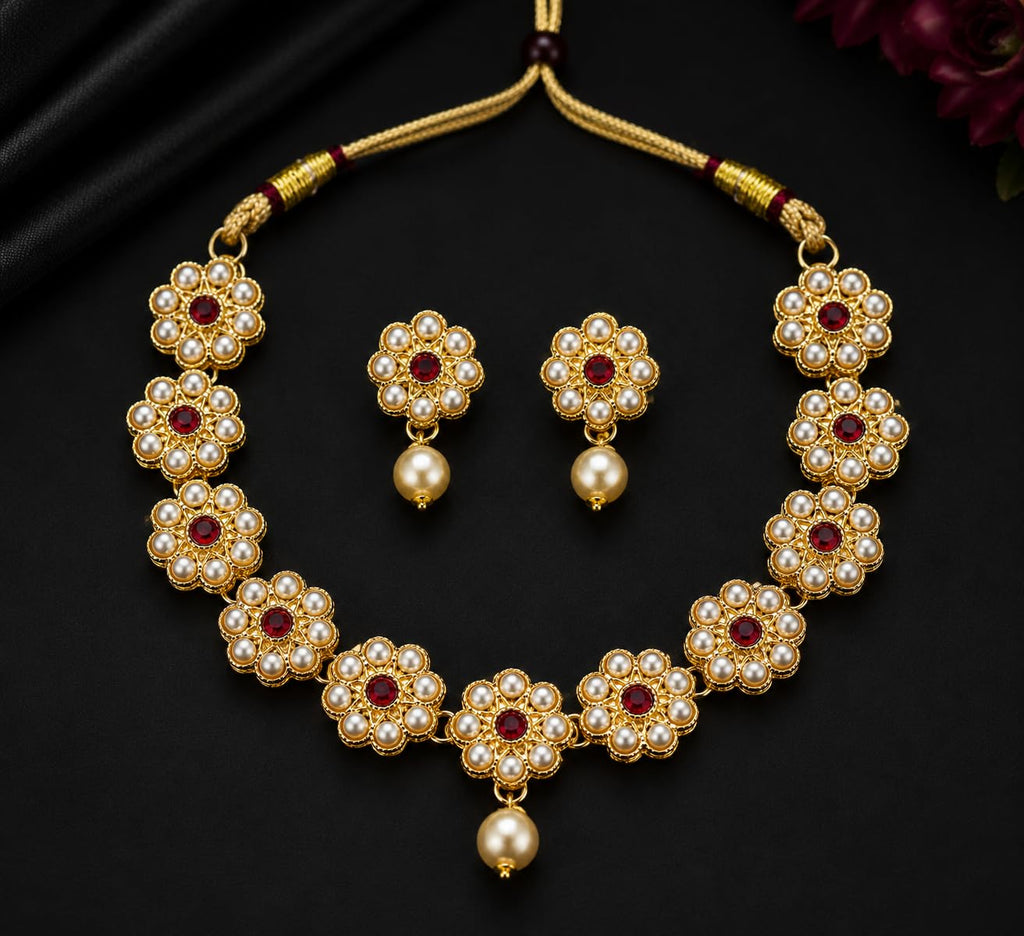 Aishri Ruby Floral Pearl Necklace Set