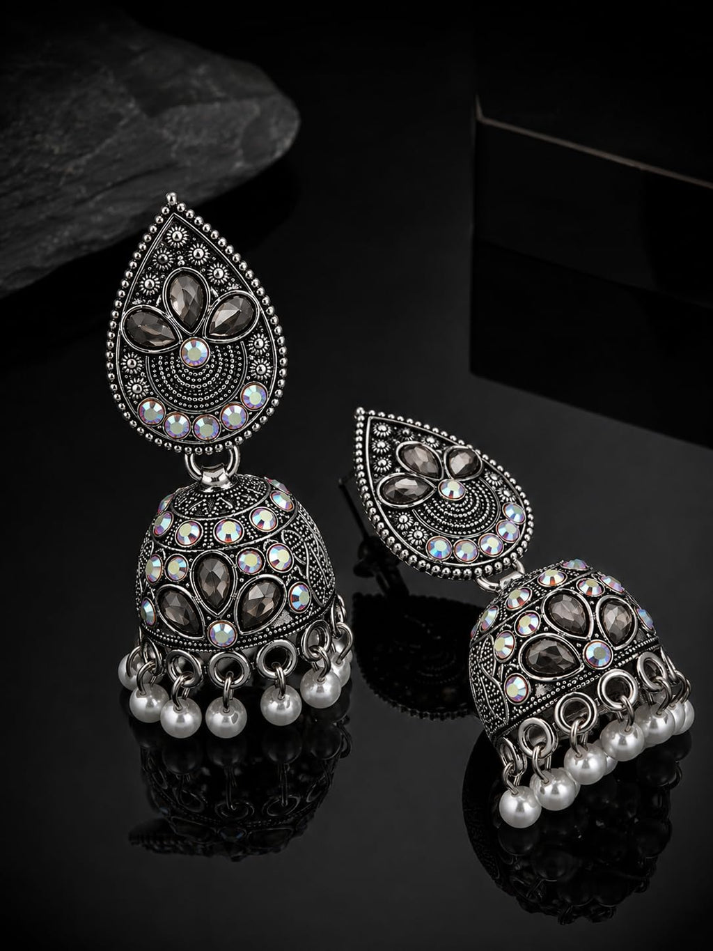 Aishri Oxidized Silver Jhumka Earrings